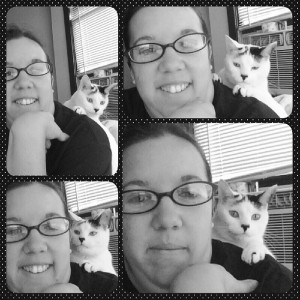Meena sitting behind me in my desk chair